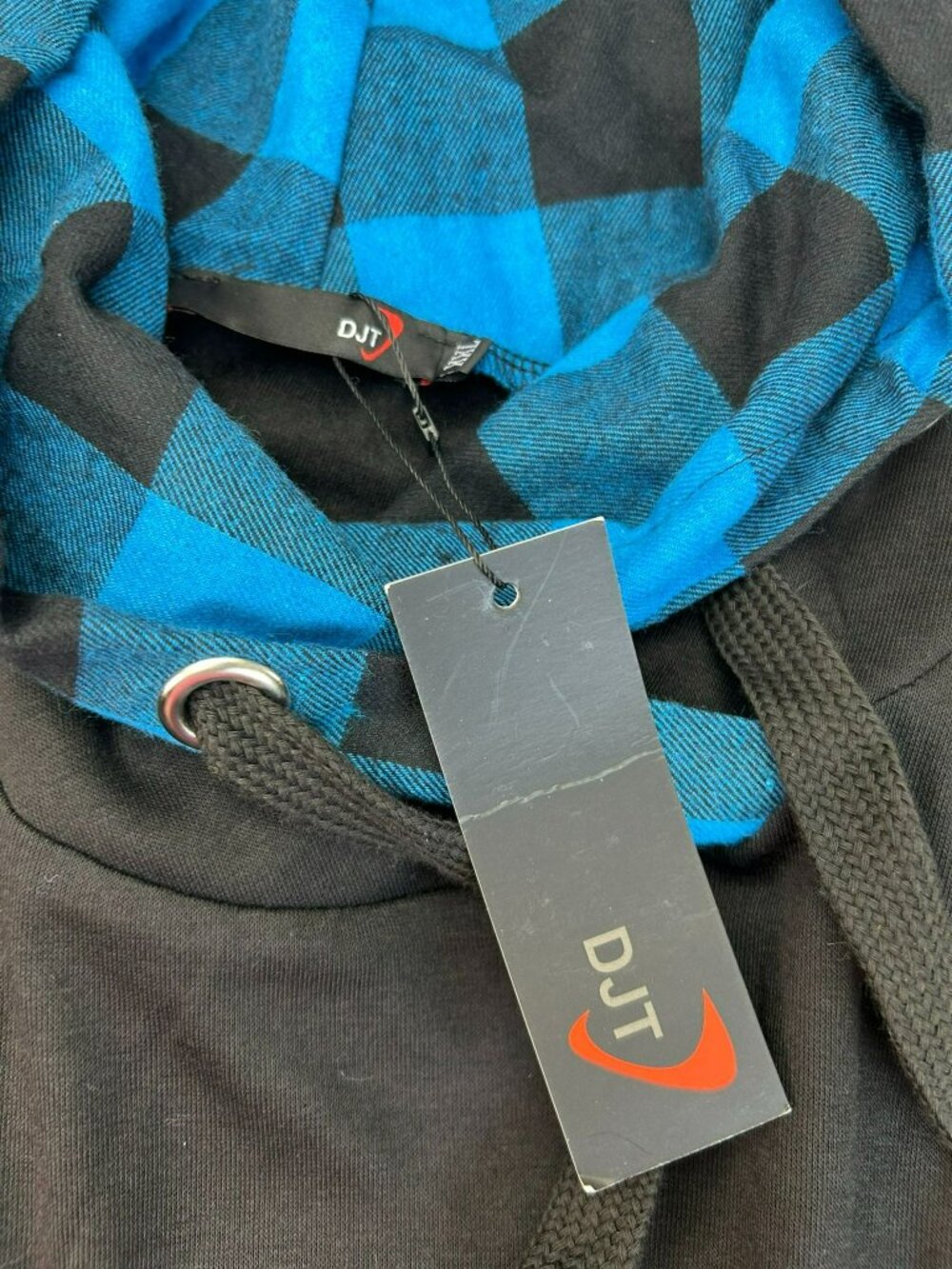 DJT Womens Hooded Long Sleeve Top Black/Blue Checkered Trim Lightweight Knit New - Picture 2 of 2